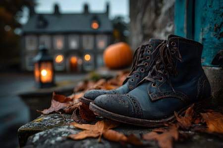 Rustic boots rest on a stone porch surrounded by vibrant autumn leaves, a glowing lantern, and a pumpkin. the soft lighting from a distant house enhances a warm, nostalgic ambiance ideal for fall-themed compositions. Generative AIの素材