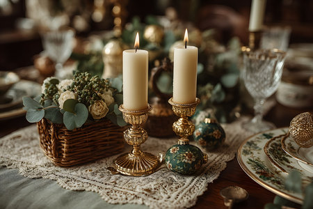 A beautifully arranged dining table features ornate golden candle holders with lit candles, complemented by a floral centerpiece in a wicker basket. fine china and decorative ornaments add a touch of elegance, perfect for festive gatherings. Generative AIの素材