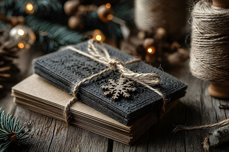 Rustic winter card design featuring stacked cards tied with twine, accompanied by a decorative snowflake, pine cones, and string lights. ideal for holiday decor themes and handmade gift inspiration. Generative AIの素材