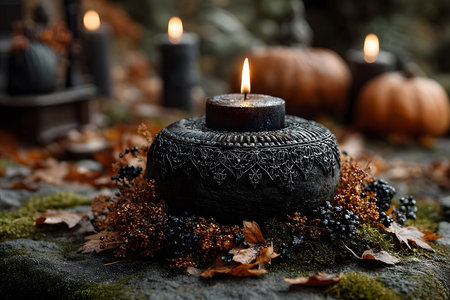 A serene autumn setting featuring an ornate lit candle surrounded by fall foliage, berries, and miniature pumpkins on a moss-covered surface. warm candlelight enhances the cozy, rustic fall ambiance, ideal for seasonal decor and design inspiration. Generative AIの素材