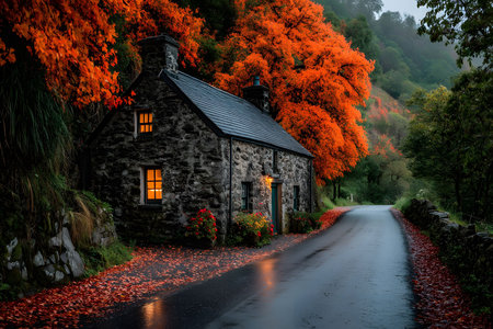 Stone cottage nestled alongside a tranquil country road, surrounded by vibrant orange autumn foliage. a warm glow emanates from the windows, contrasting with the wet, reflective path from recent rain. Generative AIの素材