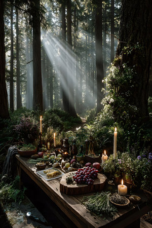 Sunlight filters through towering trees in a tranquil forest setting, illuminating a rustic wooden table adorned with candles, fresh fruits, herbs, and vegetables. the scene evokes a sense of harmony with nature, perfect for celebrations. Generative AIの素材