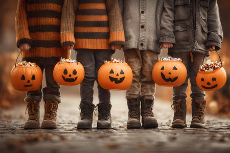 Children dressed in cozy autumn attire hold pumpkin-shaped candy buckets during a halloween outing. the scene essence of a festive, seasonal tradition with earthy colors and a playful atmosphere. Generative AIの素材
