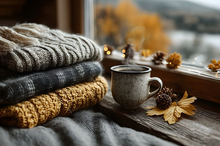 Warm and inviting autumnal scene featuring stacked knitted sweaters in neutral tones, a speckled coffee mug, and rustic fall decor by a window. soft natural lighting highlights the cozy ambiance ideal for seasonal relaxation and contemplation. Generative AIの素材