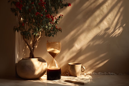 A tranquil scene featuring an hourglass, a potted plant with red flowers, a coffee mug, and a book, bathed in soft natural light. shadows from foliage add a peaceful, contemplative atmosphere ideal for relaxation and meditation themes. Generative AIの素材