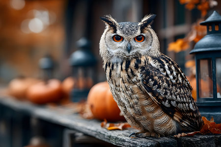 A majestic owl perched on a rustic wooden rail adorned with pumpkins and lanterns, set against a backdrop of autumn foliage. the combination of warm tones and the owl's striking gaze creates a captivating halloween atmosphere. Generative AIの素材