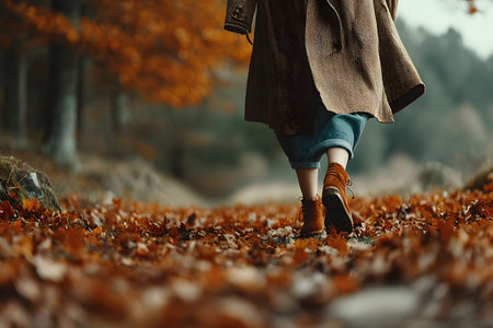 A woman in a brown coat and boots walks along a forest path covered in vibrant orange and brown fallen leaves. the soft focus in the background highlights the serene beauty of the autumn season, evoking a sense of tranquility and reflection. Generative AIの素材
