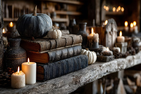 A vintage wooden shelf adorned with pumpkins, flickering candles, and antique books creates a warm autumnal atmosphere. soft lighting and rustic elements enhance the cozy, nostalgic charm of the scene. Generative AIの素材