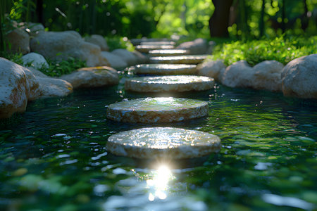 Serene garden scene featuring sunlit stepping stones crossing a clear water stream, surrounded by lush green foliage and large rocks. ideal for themes of nature, tranquility, and peaceful outdoor escapes. Generative AIの素材