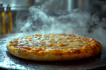 Freshly baked margherita pizza releasing fragrant steam, emphasizing its warm, delicious texture. set in a rustic kitchen, showcasing the inviting and appetizing aesthetic of classic italian cuisine. Generative AIの素材