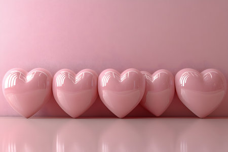 A minimalist arrangement of glossy pink hearts aligned against a soft pink background. ideal for romantic themes, valentine's day designs, creative presentations, and modern decor concepts. Generative AIの素材