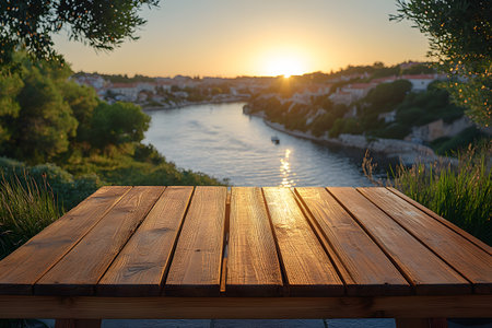 Rustic wooden table set against a serene river landscape during sunset, featuring vibrant greens and golden hues. ideal for concepts of tranquility, outdoor retreats, nature, and relaxation, travel and peaceful getaways. Generative AIの素材
