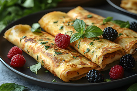 Close-up of two golden-brown crepes elegantly served on a dark plate, garnished with fresh raspberries, blackberries, and mint leaves. the vibrant colors and appetizing textures make this dish an ideal choice for a wholesome breakfast or a sweet dessert. Generative AIの素材