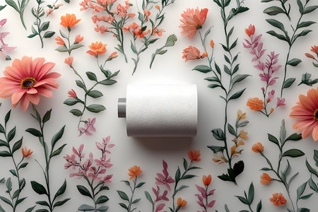 A minimalist composition featuring a toilet paper roll as the central element surrounded by an array of colorful, vibrant flowers and green leaves on a white background. perfect for nature-inspired interior decor and creative design. Generative AIの素材