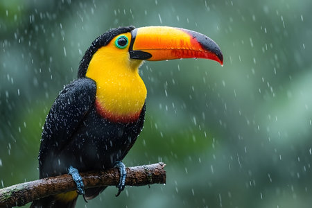 A vibrant toucan with bright yellow and orange plumage perches on a branch amidst a lush rainforest backdrop. the rain gently falls, adding a dynamic element to this striking wildlife scene. Generative AIの素材