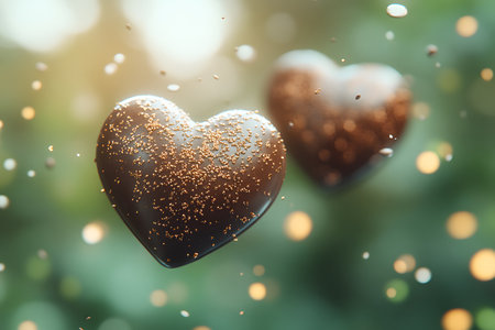 Two heart-shaped chocolates adorned with golden sprinkles float against a blurred green background, evoking feelings of romance and luxury. ideal for valentine's day, romantic events, or confectionery promotions. Generative AIの素材