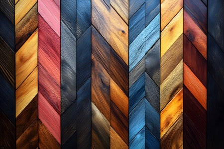 A colorful chevron wood pattern featuring a variety of rich hues and textures. the seamless arrangement of wooden planks creates a modern, dynamic look perfect for interior design, artistic backgrounds, and decorative projects. Generative AIの素材