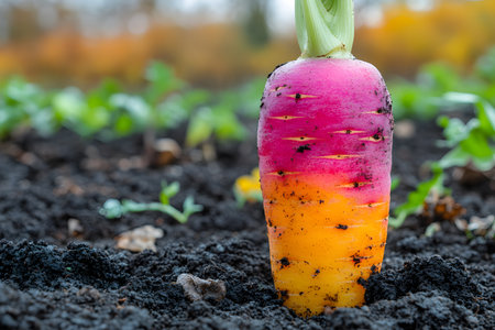 Vibrant multicolored carrot partially buried in rich, dark soil of an organic garden. the background shows verdant crops and autumn foliage, illustrating the beauty of seasonal agriculture and the concept of farm-to-table. Generative AIの素材