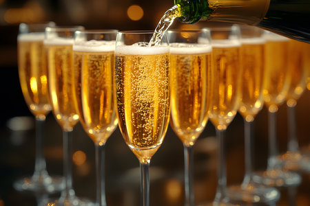 Sparkling champagne flutes being elegantly filled, representing celebration and luxury. perfect for new year s events, weddings, and refined gatherings. the golden bubbles enhance its festive and sophisticated ambiance. Generative AIの素材