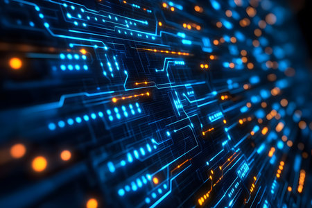 Dynamic digital circuit board featuring glowing blue and orange lights, symbolizing advanced technology and connectivity. ideal for tech design projects, emphasizing innovation and modern computing. Generative AIの素材