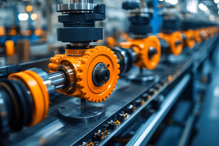 Close-up of bright orange gears in a manufacturing setting, mechanical precision and industrial efficiency. the detailed view emphasizes the complex engineering and automation involved in modern manufacturing processes. Generative AIの素材