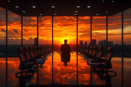 A lone figure in a glass-walled boardroom, silhouetted against a dramatic sunset. the fiery sky reflects on the polished floor, creating an inspiring atmosphere of leadership and vision, set against a distant city skyline. Generative AIの素材
