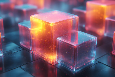 Futuristic digital cubes in glowing blue and orange hues symbolize technology and innovation. set in a digital landscape, this abstract representation is ideal for tech-themed designs, presentations, and creative projects. Generative AIの素材