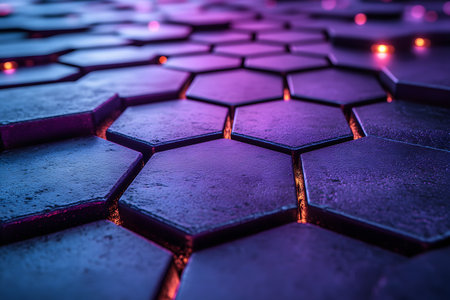 Dynamic grid of hexagonal tiles illuminated with soft neon lights in shades of purple and blue. the futuristic abstract composition highlights geometric precision and lighting contrast, making it suitable for tech, design, or modern art themes. Generative AIの素材