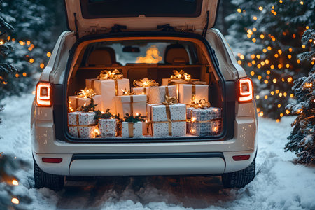 A car trunk filled with beautifully wrapped christmas gifts rests in a snow-covered forest, illuminated by warm festive lights. the scene embodies the joy and spirit of a winter holiday celebration. Generative AIの素材