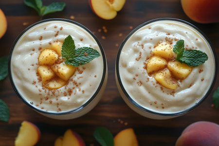 Two glasses of creamy peach smoothies are topped with fresh peach slices, fragrant mint leaves, and a sprinkle of brown sugar. the wooden background is adorned with peaches and mint, enhancing the summer vibe. Generative AIの素材