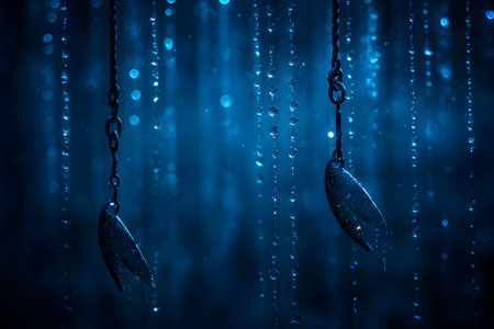 Moody abstract scene featuring suspended claw-like objects amidst cascading water droplets. the deep blue tones convey a sense of mystery and depth, ideal for creative design purposes such as posters or backgrounds. Generative AIの素材