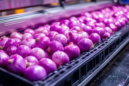 Fresh purple onions neatly arranged on a conveyor belt in a modern food processing facility, showcasing industrial automation in agriculture. the vibrant colors highlight freshness and efficient sorting. Generative AIの素材