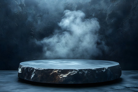 A circular stone platform enveloped in mist against a textured dark background, suitable for product showcases or fantasy-themed designs. the atmospheric fog adds a sense of mystery and intrigue, ideal for creative projects. Generative AIの素材