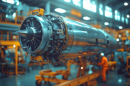 Jet engine being assembled in a high-tech factory. focus on intricate machinery, showcasing engineering and aerospace innovation. workers in protective gear emphasize industrial progress and technology. Generative AIの素材