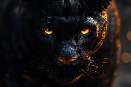 Close-up of a black panther with striking golden eyes, its beauty and intensity. the dramatic lighting emphasizes the texture of its fur and sharp gaze, creating a sense of mystery and power in the wild. Generative AIの素材