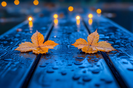 Two orange autumn leaves rest on a wet wooden surface, glistening with raindrops. soft bokeh lights in the background enhance the tranquil fall ambiance, creating a serene and cozy visual. Generative AIの素材