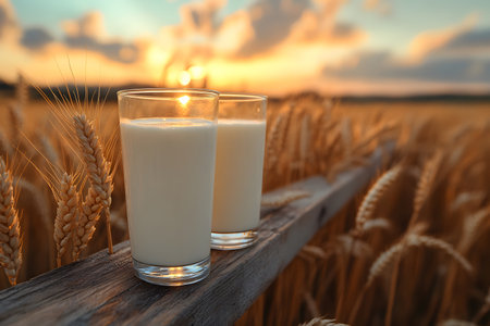 Two glasses of milk rest on a wooden fence against a backdrop of a golden wheat field at sunset. the serene landscape highlights the beauty of rural life and agricultural abundance, perfect for concepts of nature and farming. Generative AIの素材