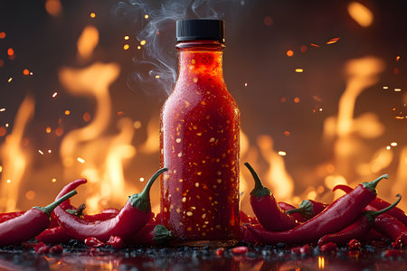 A dynamic image featuring a hot sauce bottle surrounded by vibrant red peppers and dramatic flames. steam rises from the bottle, enhancing the sense of heat and spice, ideal for culinary-themed design projects. Generative AIの素材