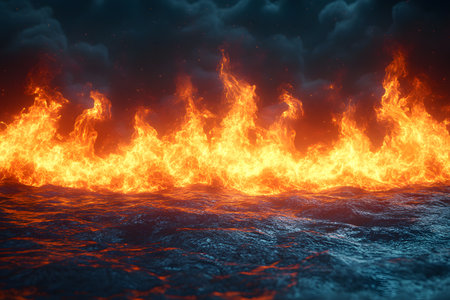 Fiery flames dramatically rage against a dark, cloudy sky, forming a stark contrast with the calm ocean. this vibrant visual symbolizes the clash of natural elements, creating an intense and captivating atmosphere. Generative AIの素材