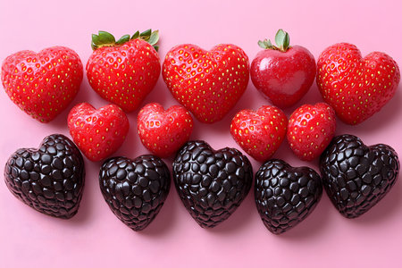 Heart-shaped strawberries and glossy chocolate sweets are neatly arranged on a vibrant pink background, perfect for valentine's day themes. the juxtaposition of red and black creates a visually appealing contrast for romantic or holiday designs. Generative AIの素材