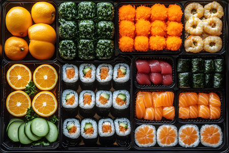 Delicious sushi assortment with vibrant seafood, nori rolls, and fresh fruits like oranges and cucumbers, elegantly arranged in a black bento box, showcasing japanese culinary art and presentation. Generative AIの素材