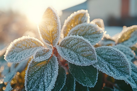 Frost-covered leaves glisten in the warm sunlight of a winter morning, showcasing the beauty of nature's resilience. the soft glow of the sun adds a touch of warmth to the cold scene, making it ideal for seasonal designs. Generative AIの素材