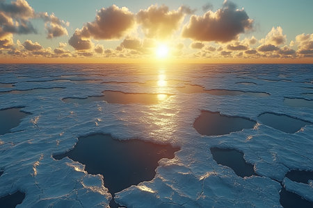 Breathtaking view of a sunset over the arctic, vast ice floes and their reflections in calm waters. captures the beauty of polar regions, showcasing dramatic clouds and warm sunlight against icy blues. Generative AIの素材