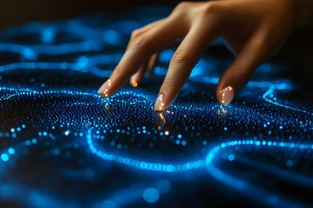 A hand interacts with a digital interface featuring glowing blue lights, symbolizing advanced technology. the scene conveys innovation in human-computer interaction, perfect for futuristic and tech-oriented designs. Generative AIの素材