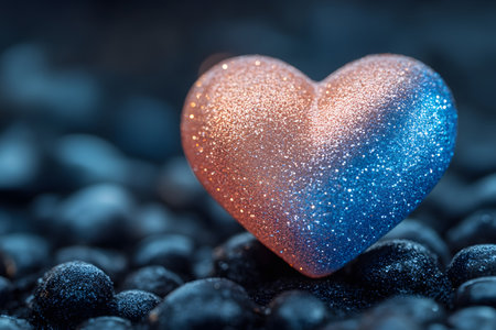 A sparkling heart with a gradient of blue and pink hues rests on a dark, textured pebble surface, a romantic and magical ambiance. perfect for valentine's day themes and artistic designs. Generative AIの素材