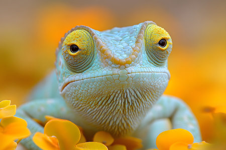 A vibrant chameleon is perched among vivid yellow flowers, showcasing its unique skin texture and striking coloration. perfect for nature-themed designs, wildlife illustrations, and educational materials. Generative AIの素材