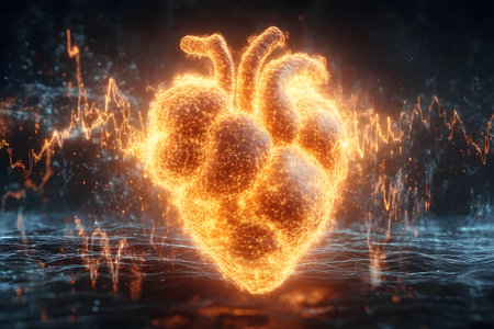 A futuristic glowing digital heart surrounded by vibrant light waves, symbolizing advanced medical technology and data analysis. the vivid depiction conveys themes of health, innovation, and digital transformation. Generative AIの素材