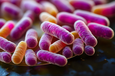 Close-up view of vividly colored bacteria or microbes showcasing intricate details of their surface texture. the image highlights the diverse and vibrant nature of microbial life, offering insights for scientific and educational purposes. Generative AIの素材