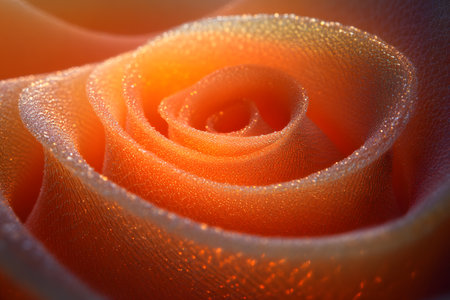 A mesmerizing macro shot of delicate orange rose petals adorned with sparkling dew droplets. the intricate texture and vivid color make this an ideal choice for nature-themed projects or romantic design elements. Generative AIの素材
