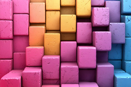 A dynamic and colorful composition featuring cubes in various pastel hues such as pink, orange, and blue. the geometric arrangement creates a visually pleasing abstract pattern, ideal for modern interior design and creative projects. Generative AIの素材